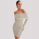 IFOMT Beach Vacation Strapless Striped Long Sleeve Knitwear Dresses One-Shoulder Female Slim Fit Casual Short Dresses Summer