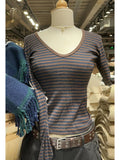 Ifomt Women's Brown Striped Cotton T-Shirt V Neck Slim Long Sleeve Tee Tops Female Streetwear Vintage Y2K Spring Autumn Woman Tshirt