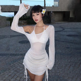 IFOMT Off-Shoulder Sexy See-Through Drawstring Dress For Women Long Sleeve Solid Summer Hot Girl Club Party Mini Bodycon Dress