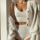 IFOMT Women Two Piece Sets Outfits White Plush Mohair Drill Button Cardigan Coats With Bra Tops And Mini Shorts Matching SetsChristmas Gifts