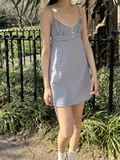 Ifomt Blue Plaid V-neck Mini Dress Women Summer Casual Buttons Lace Trim A-line Short Vestidos Vintage Sweet Preppy Style Y2K Dresses