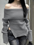 IFOMT Solid Off Shoulder Zip Up Hem Sweater