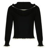 IFOMT Spring Outfits Black Lace Trim Knitted Sweater Cardigan Women Autumn Winter New Coat Sweet Basic All-Match Fashion