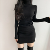 IFOMT Women Autumn Winter Turtleneck Warm Bodycon Dress Long Sleeve Knit Solid Office Pullover Sexy Mini Dress for Ladies 2024