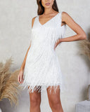 IFOMT Solid Tassel Sequins White Dress For Women Sleeveless Halter V Neck Dresses Party Temperament Trendy Streetwear Femme