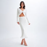 IFOMT Outfit CUTENOVE Elegant Knitted Skirt Suits For Women Fungus Cut Out Sexy Cardigan Top Long Slim Skirt Beach Holiday Lady Two Piece Set