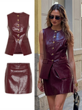 IFOMT Party Otufit Fashion Leather Mini Skirt Sets Women Sleeveless Button Vest Jacket Hip Package Short Skirt Suits 2025 Female Motorcycle Outfits