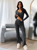 IFOMT Casual Winter Outfits V Neck Knit Rib Long Sleeve Button Crop Top Long Wide Legs Pants Women'S Sets Casual Clothes Y2K Streetwear 2024 Fashion