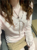 Ifomt Pink Sweet Simple Knitting Tops Woman New Autumn Spring Long Sleeve Thin Sweater V-neck Slim Chic Y2K Female Pullovers 2025