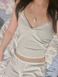 Ifomt Blue Heart Print Chic Tank Camis + Shorts Two Piece Set For Women V-neck Lace Trim Sweet Y2K Tops Vest Trouser Home Women Suit