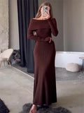 IFOMT Fashion Knit Long Dress Off-Shoulder Female Ribbed Loose High Waist Elegant Autumn Party Dress Ladies Knitwear Maxi DressChristmas Gifts