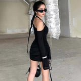 IFOMT Off-Shoulder Sexy See-Through Drawstring Dress For Women Long Sleeve Solid Summer Hot Girl Club Party Mini Bodycon Dress