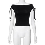 Ifomt CUTENOVA 2024 Summer Solid Color Sexy Off Shoulder Tops Lace Up Sleeveless T-Shirt Casual Slim Crop Top  Black Short Sleeve Wome Casual Outfit