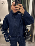 Ifomt Street Denim Stripe Pants Set Women Long Sleeve Stand Collar Pocket Zipper Jacket Suit 2025 Straight Lace Up Casual Jeans Sets