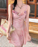 Ifomt Pink Flower V-neck Suspender Dress