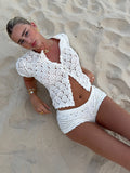 Ifomt Elegant Crochet Hollow Out O Neck Knitted Shirt Set Women Fashion High Waist Short Pants Suit New Ladies Holiday Outfits Summer