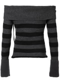 IFOMT Spring Outfits Off Shoulder Slim Knitted Stripe Jumper Women Lace-Up Slash Neck Long Sleeve Sweater Tee Korean Fashion Street Knittwear