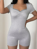 IFOMT Spring Outfits Gray Solid Shirring Lace Trim Square Collar Skinny Cute Sexy Playsuit Women Short Sleeve Casual Summer Baddie Rompers