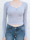 Ifomt Solid Color Gray Simple Basic Long Sleeve T-shirts Round Neck Tight Y2K Tops Woman Three Button Cotton Soft Slim Fall Spring Tee