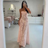 IFOMT Sexy See Through Beach Spaghetti Maxi Dress For Women Plunge Off Shoulder Floral Mesh Patchwork Long Holiday Dress FemmeChristmas Gifts