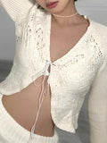 IFOMT Butterfly Pointelle Lacing Trumpet Sleeve V Neck Cardigan