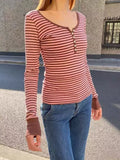 Ifomt Sweet Pink Brown Striped Long Sleeve T-shirt Women Six Buttons O-Neck Cotton Slim Tee Preppy Style Cute Vintage Tshirt Y2k Tops