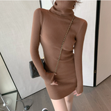 IFOMT Women Autumn Winter Turtleneck Warm Bodycon Dress Long Sleeve Knit Solid Office Pullover Sexy Mini Dress for Ladies 2024