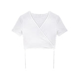 IFOMT Summer Casual Tee Tops Women T shirts Solid V-neck Sexy Cropped Top Cross Tie-Up Harajuku Basic Korean Street T-shirts mujer Y2k