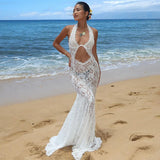 IFOMT Sexy Lace See Through Hollow Out Maxi Dress Womens Elegant Summer White Holiday Beachwear Backless Slim Halter Neck DressChristmas Gifts