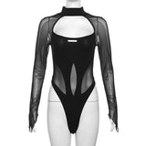 Ifomt Sexy Hollow Out Bodysuit Woman Summer Mesh Splicing Backless Hottie Long-Sleeve High Collar Top Chic Skinny Clubwear Bodysuits Spring Style 2025
