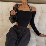 IFOMT Y2K Black Sexy Off Shoulder Halter Bodysuit Aesthetic Spaghetti Straps Long Sleeve Bodycon T Shirt Women Clubwear Bodysuits