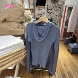 Ifomt Navy Blue Waffle Y2K Hooded Top 2025 New Autumn Five Button Slim Long Sleeve Tee Cototn Blend Vintage Street Women T-shirts