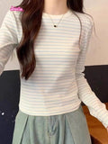 Ifomt Women's Brown Striped Cotton T-Shirt V Neck Slim Long Sleeve Tee Tops Female Streetwear Vintage Y2K Spring Autumn Woman Tshirt