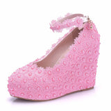 IFOMT  Crystal Queen White Wedges Wedding Pumps Sweet White Flower Lace Pearl Platform Pump Shoes Classic Bride Dress High Heeled Lady