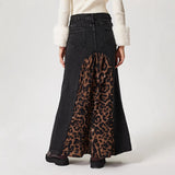 IFOMT Leopard Splice Denim Skirt For Women Autumn New Streetwear Versatile Midi Skirt High Waist Slit Print Lady Fashion Skirt