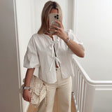 IFOMT TRAUXY White Lace-up Short Sleeve Shirt For Women Casual Loose Solid Color Patchwork Summer Blouse Female Club Party Outfits