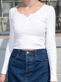 Ifomt Chic Floral Hollow Out Slim Tops Women Summer Sweet Cute Ribbed Cotton Long Sleeve T-shirt Femme Simple Casual Button Crop Top