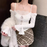 IFOMT Black Lace Stitched Off Shoulder Crop Top Hollow Out Sexy Skinny Long Sleeve T Shirts for Women Harajuku Y2k Autumn Tee Basic