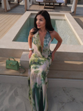 Ifomt Vintage Green Tie Dye Printing Halter Long Dresses Fashion Open Back Sleeveless Slim Fit Mesh Vestidos Summer Beach Holiday Wear