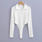 IFOMT White Bodysuit Women Tops Spring Long Sleeve Zipper Turn-down Collar Sexy Bodysuits Y2K One Piece Slim Bodycon RompersChristmas Gifts