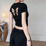 IFOMT Fashion Women T-shirt Short Sleeve O Neck Solid Slim Fit Ladies Crop Top Butterfly Hollow Backless for Casual Tops Summer 2024