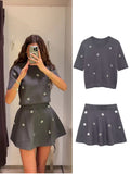 IFOMT Party Otufit Elegant Jewelry Knitted Skirts Set Women Sweet O-neck Short Sleeve Tops Mini Skirt Suit 2024 Autumn Lady New In Matching Sets