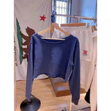 Ifomt Off Shoulder Edge Curl Y2K Short Pullovers New Autumn Solid Color Wide Collar Tops Long Sleeve Casual Streetwear Women Tee Shirt