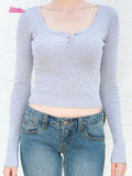 Ifomt Chic Floral Hollow Out Slim Tops Women Summer Sweet Cute Ribbed Cotton Long Sleeve T-shirt Femme Simple Casual Button Crop Top