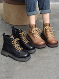 IFOMT Cow Leather Lace-Up Zipper Martin Booties