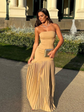 Ifomt Elegant Pleat Off Shoulder Women's Dresses Summer Patchwork Sleeveless Backless Maxi Vestidos Evening Party Dresses Woman 2025