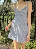 Ifomt Blue Plaid V-neck Mini Dress Women Summer Casual Buttons Lace Trim A-line Short Vestidos Vintage Sweet Preppy Style Y2K Dresses
