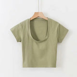 IFOMT Summer Sexy T Shirt Tops for Women Clothes Stretch Slim Tees Shirt Femme U Neck Short Sleeve T-shirts Streetwea Crop Top