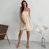 IFOMT Fashion Vacation Loose Cotton Linen Slip Dress For Women Lace Up Splice Hot Girl Sexy Dress Party Spaghetti Strap Dress