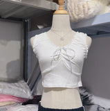 Ifomt Casual Women Ruffles V Neck Tank Tops 2025 Summer Cute Sleeveless Soft Cotton Slim Crop Top Female Vintage Sweet Bow Tops Chic